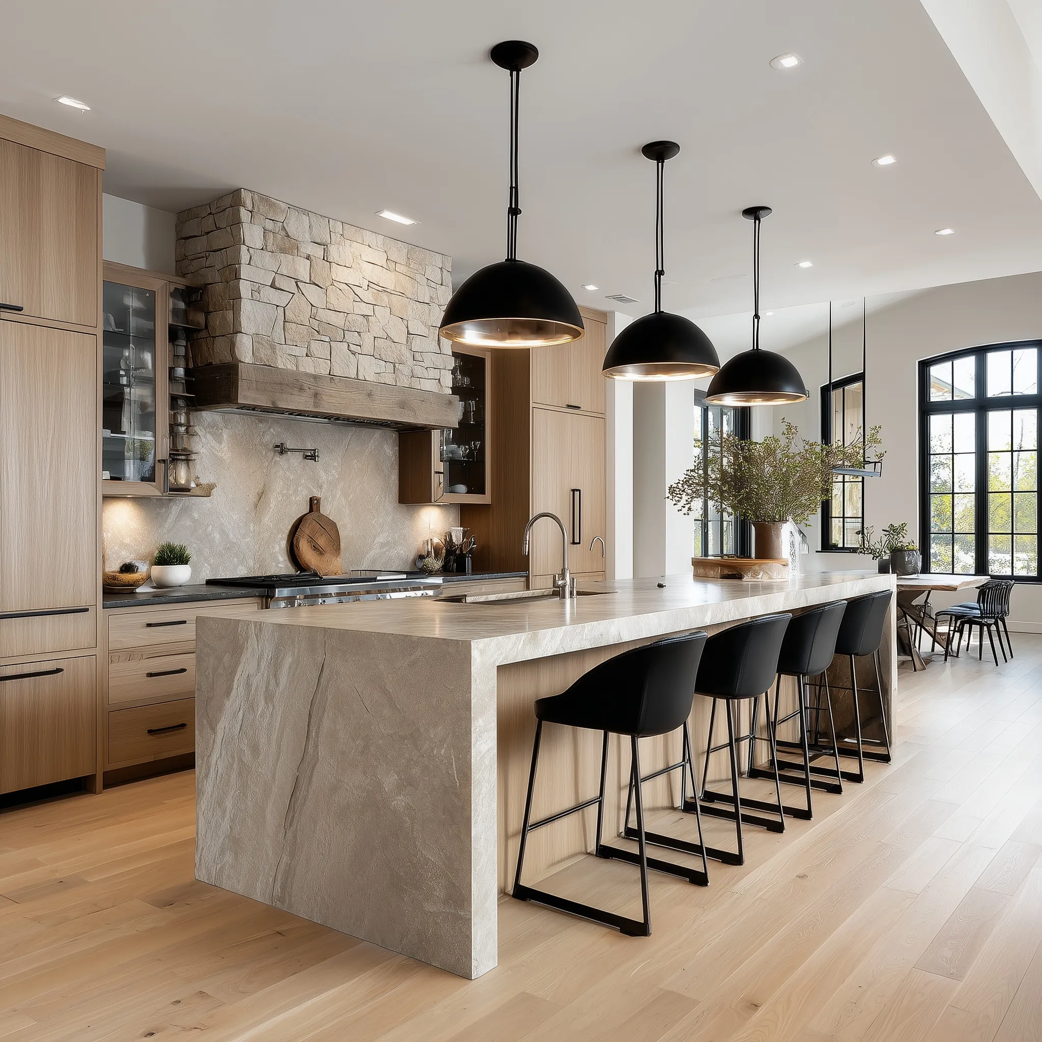 Modern organic kitchen with light oak cabinets, white oak floors, and a large stone island with black pendant lights.