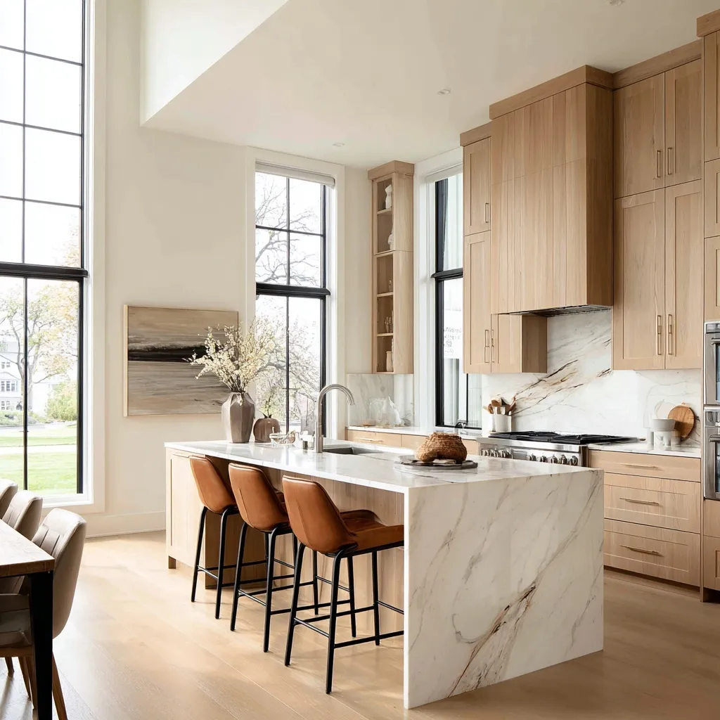 Modern farmhouse kitchen with oak wood cabinets, marble island, and leather barstools in a sunlit neutral space.