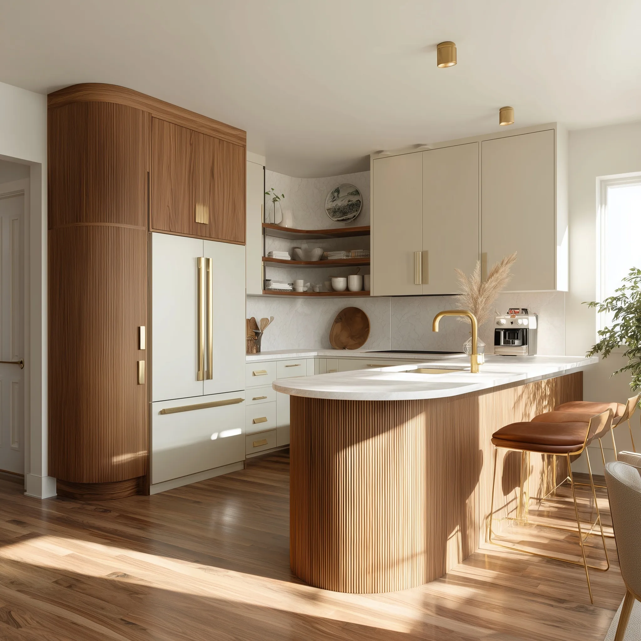 Organic modern kitchen with oak wood peninsula, off-white cabinetry, and brass accents in a mid-century style.