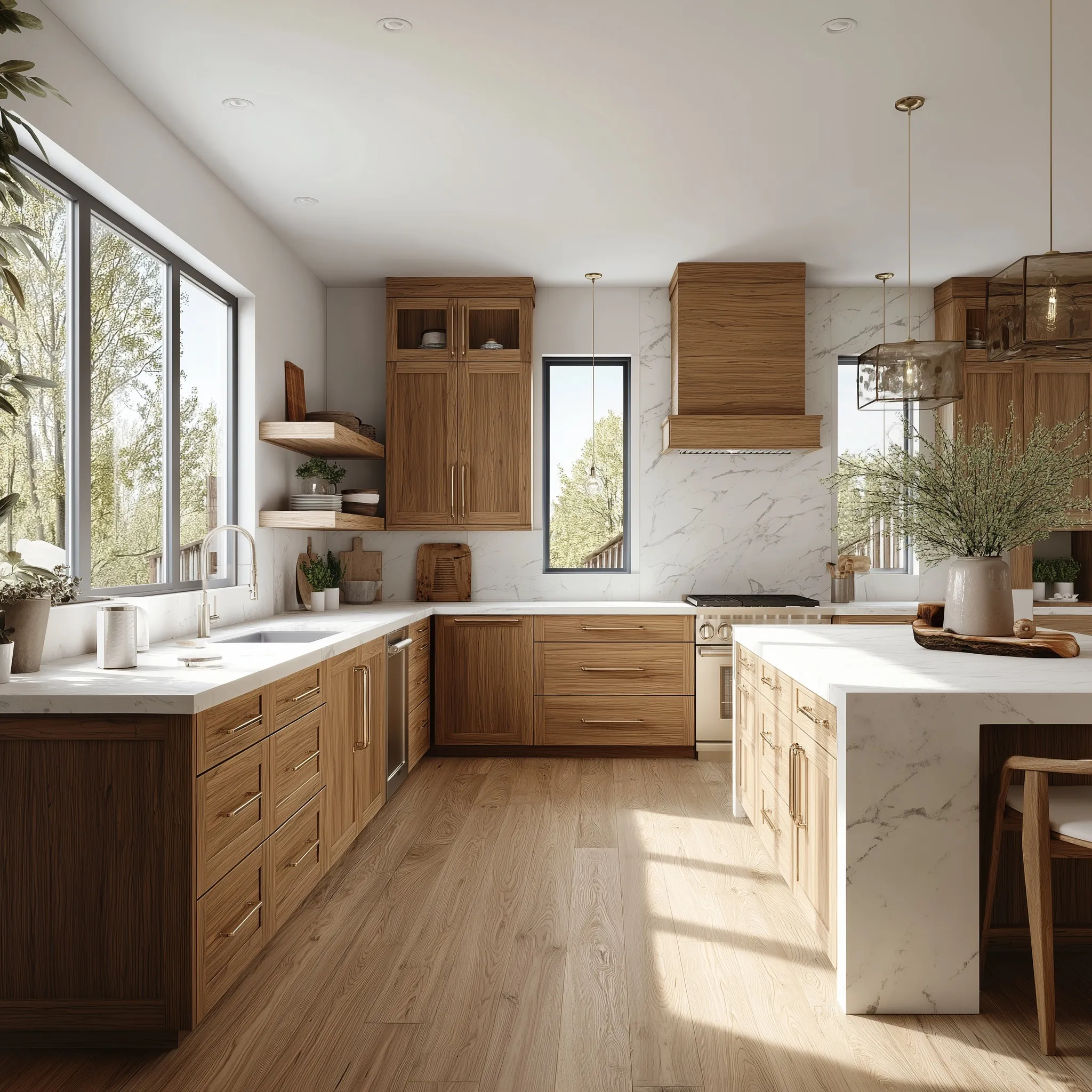 Bright transitional kitchen with white oak SPC flooring, shaker cabinets, and a kitchen island in natural light.