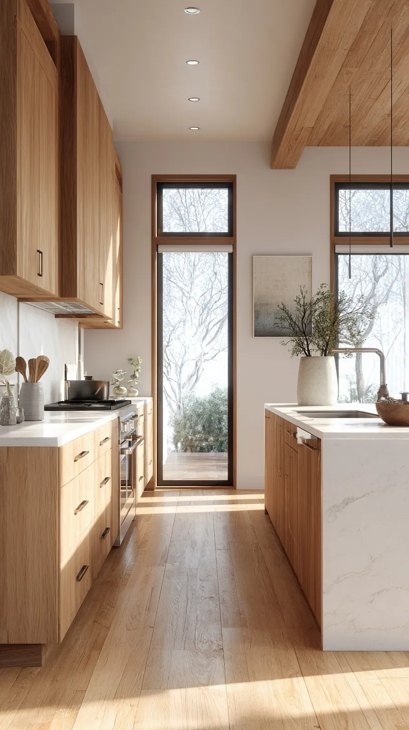 Modern organic oak wood kitchen with quartz countertops in a bright, sunlit, minimalist home interior.