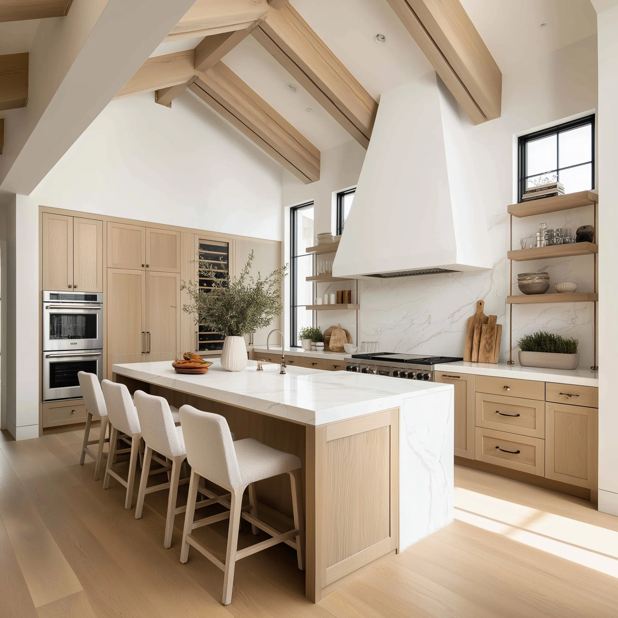 Modern rustic kitchen with rift white oak cabinetry, wood beams, quartz countertops, and a large central island.