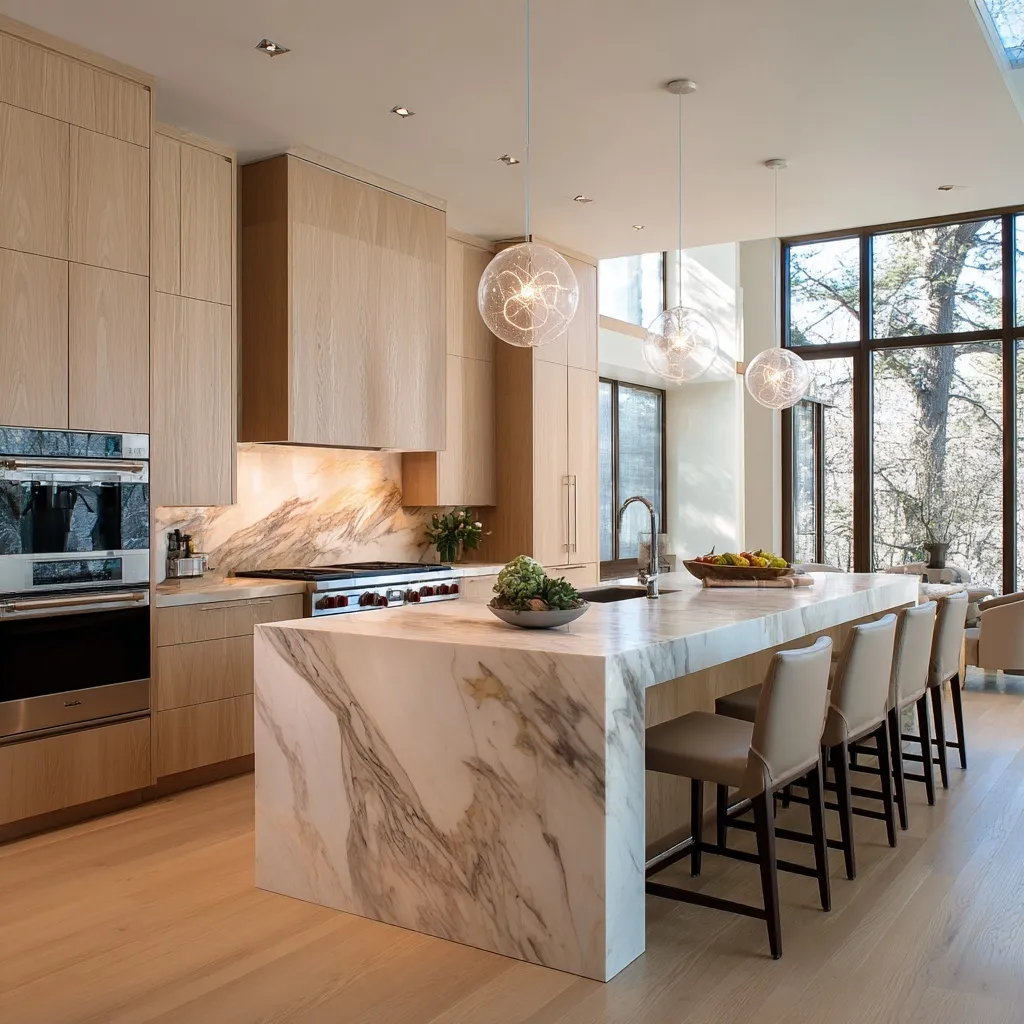 Modern luxury kitchen with organic white oak cabinets, marble island, and minimalist forest home design.