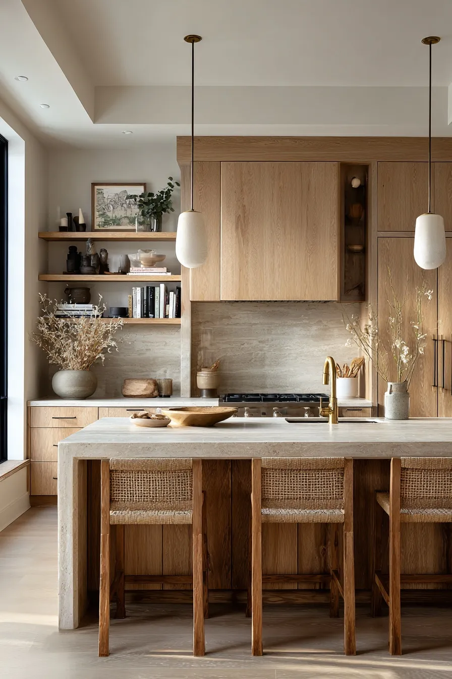 Modern organic kitchen with walnut cabinetry, large stone island, and wooden bar stools in a bright, airy space.