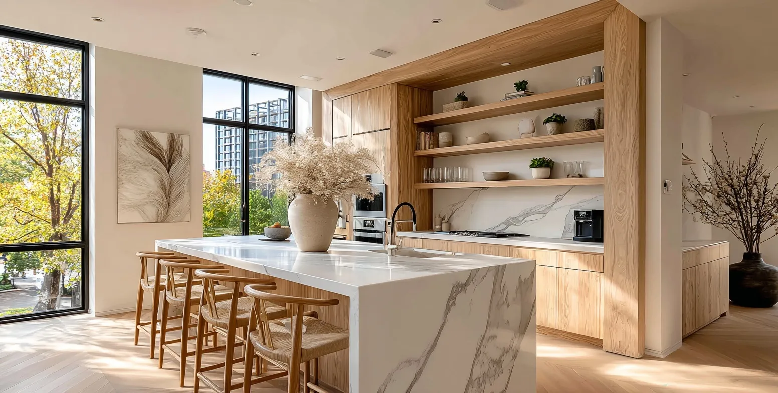 Minimalist Scandinavian kitchen with oak wood cabinets, white marble island, and view of Tel Aviv skyline.