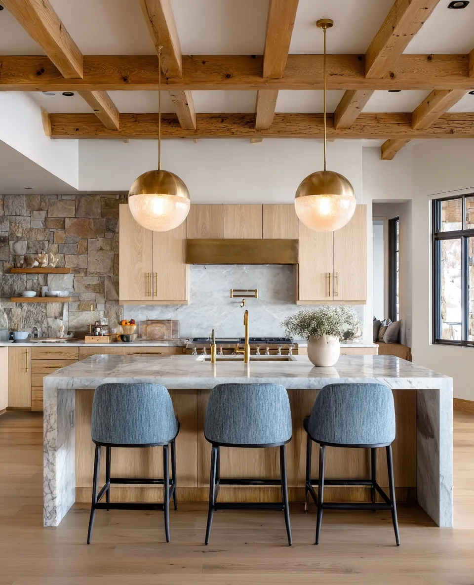 Modern organic kitchen with oak cabinets, marble island, and brass hardware in a bright, neutral Park City home.