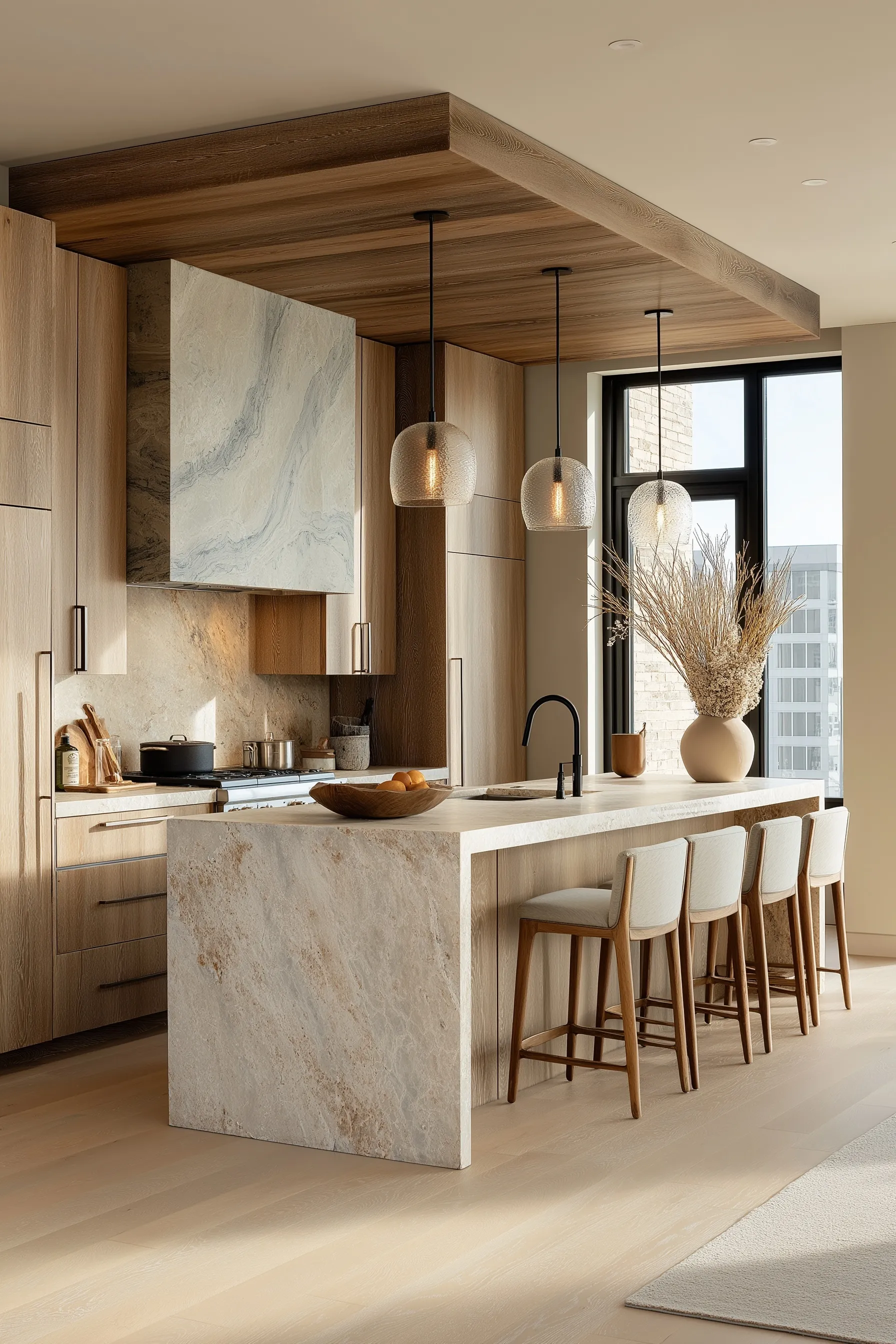Modern kitchen interior featuring rift-cut oak wood cabinetry and pale limestone countertops in natural light.