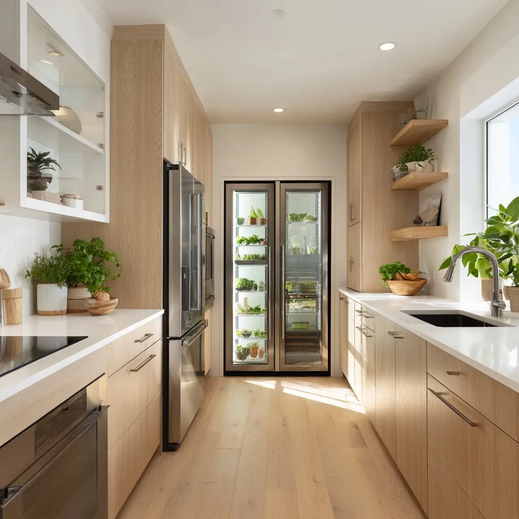 Modern organic kitchen with white oak cabinets, indoor garden pantry, and bright natural light.