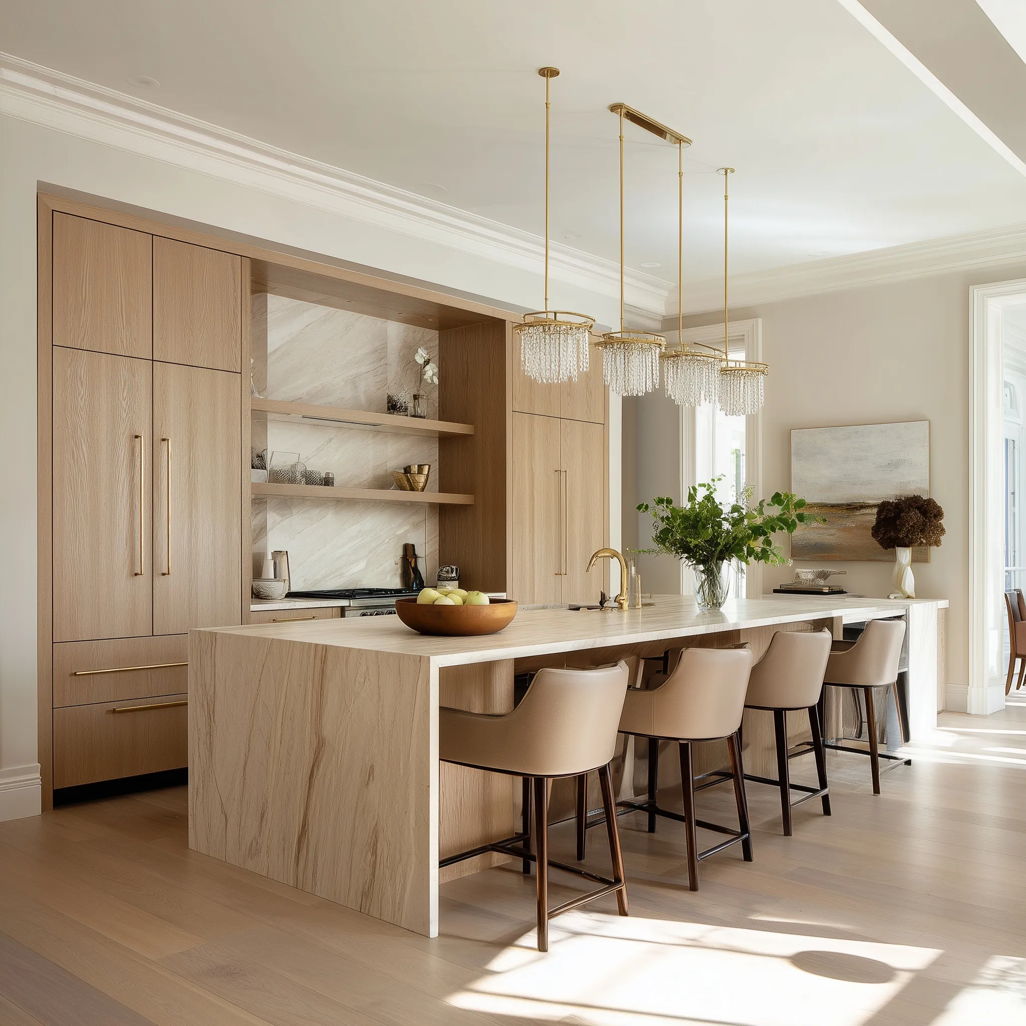 Modern organic kitchen interior with natural oak wood cabinetry, light stone countertops, and warm neutral tones.