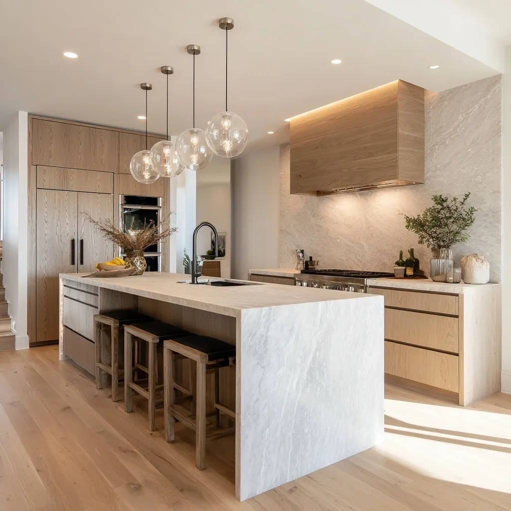 Modern organic kitchen featuring white oak cabinetry, matching hardwood floors, and a Taj Mahal quartzite waterfall island.