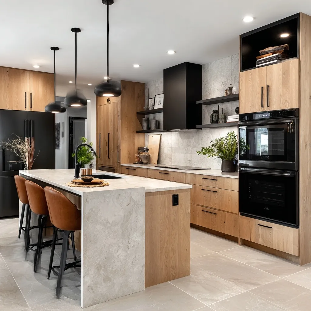 Modern kitchen with blonde oak cabinets, white marble countertops, and black fixtures on a gray stone tile floor.