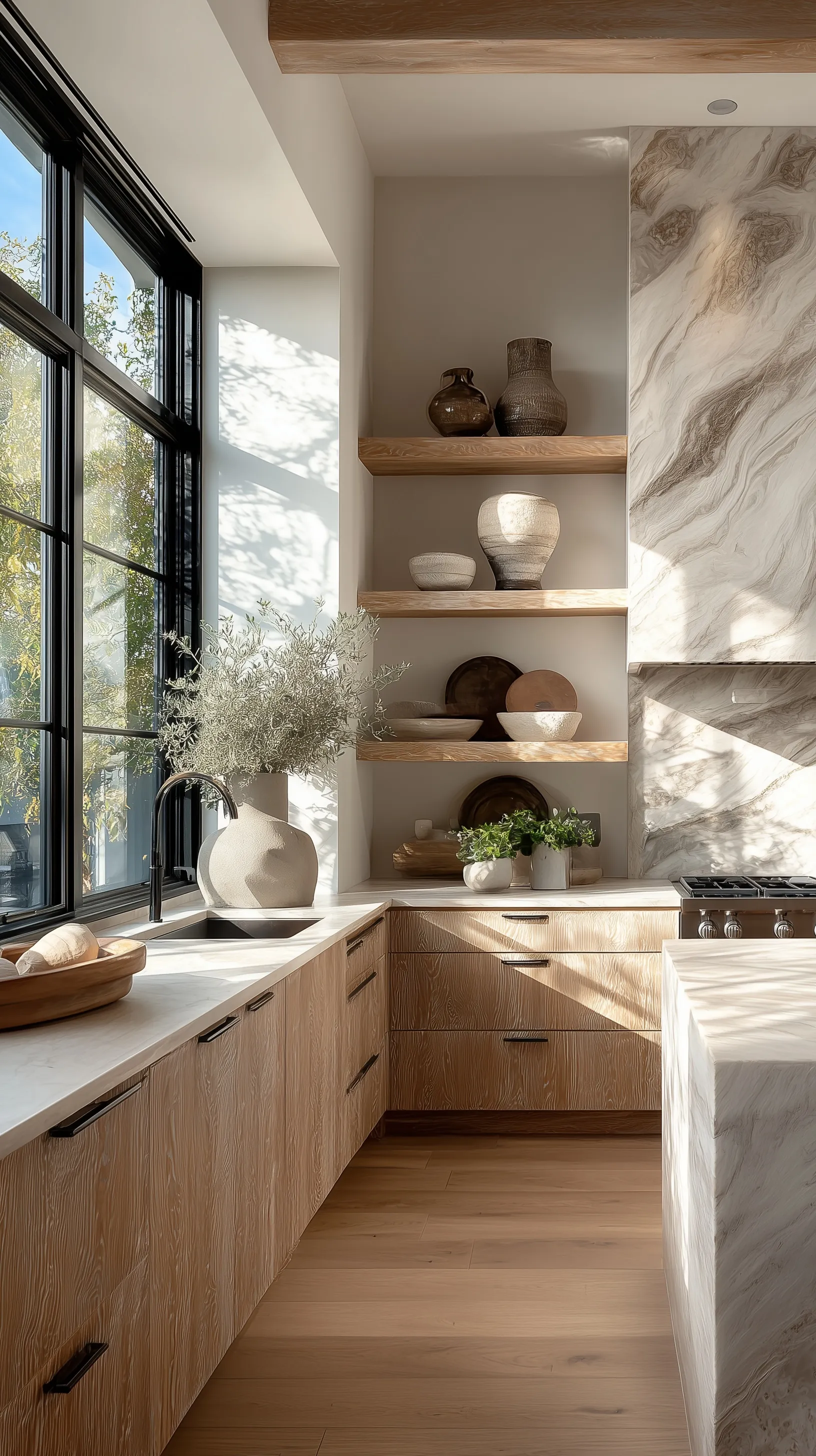 Modern minimalist kitchen with oak wood cabinets, marble backsplash, and soft natural sunlight.
