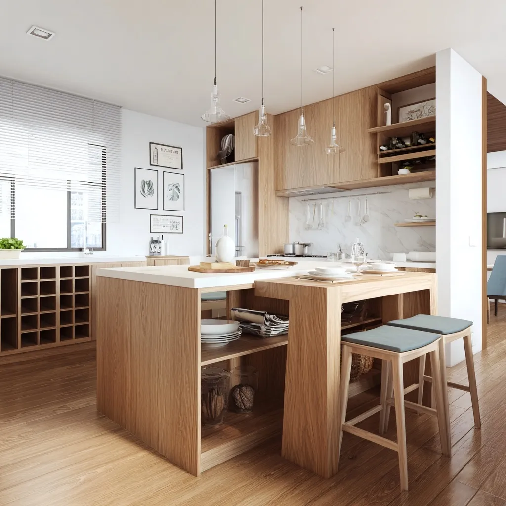 Modern organic oak kitchen interior in a 34-pyeong apartment featuring a warm wood island and clean storage design.