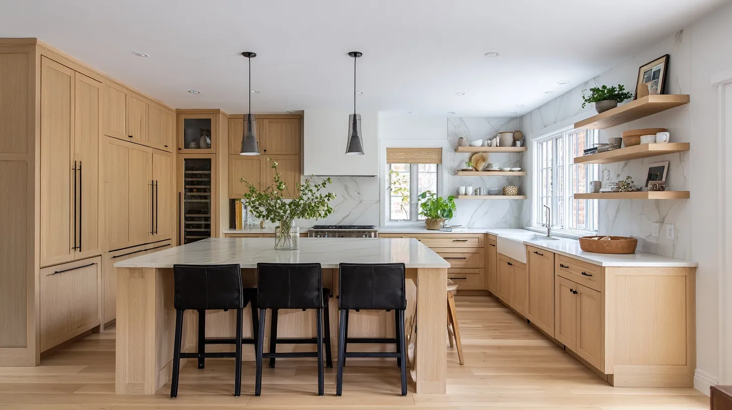Modern Scandinavian kitchen interior featuring minimalist oak wood cabinetry and stone countertops in natural light.