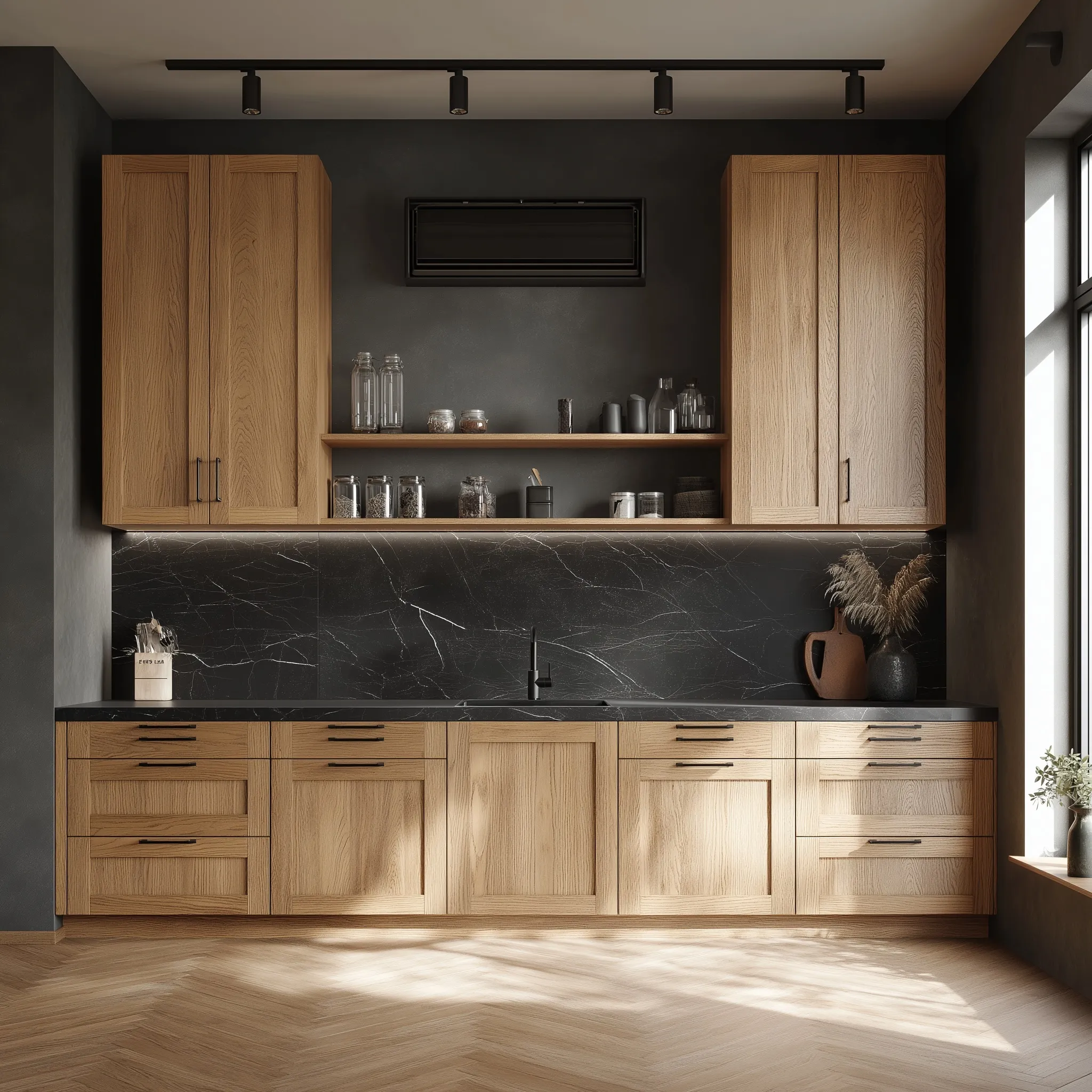 Modern organic kitchen with oak shaker cabinets, black marble backsplash, and herringbone wood flooring.