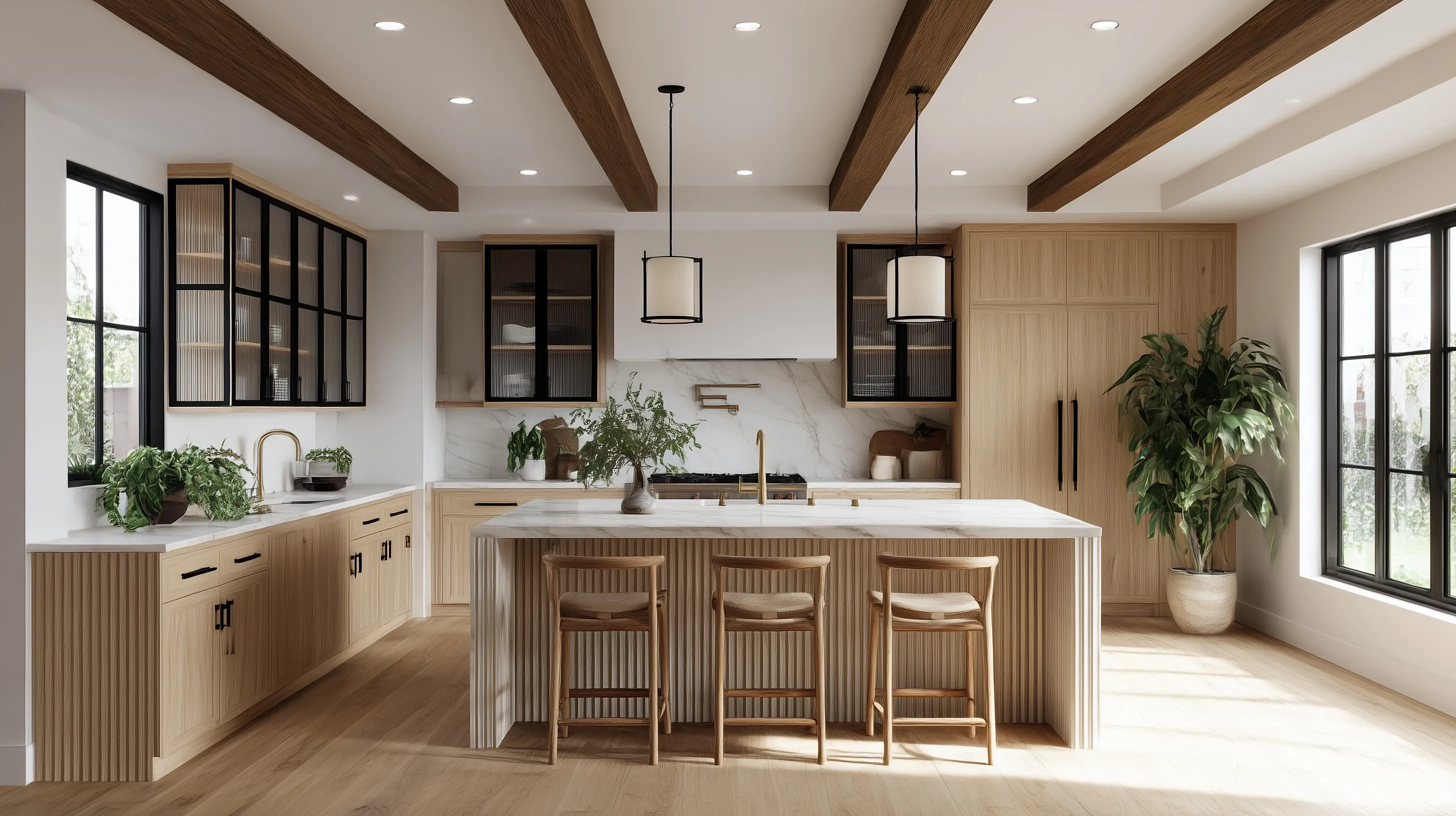Modern organic kitchen with white oak shaker cabinets, reeded glass, and a walnut beam ceiling in warm natural light.