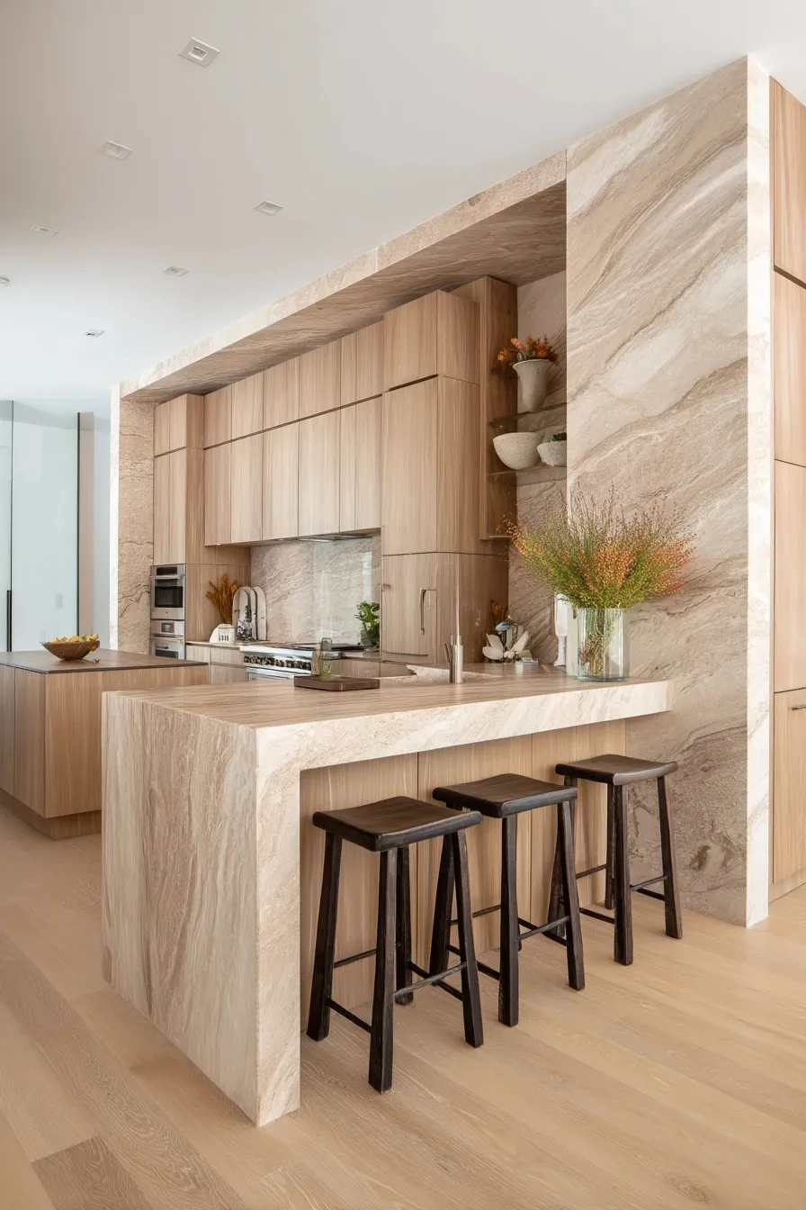 Minimalist boho kitchen featuring honey-toned oak cabinets, reclaimed wood countertop, and polished sandstone walls.