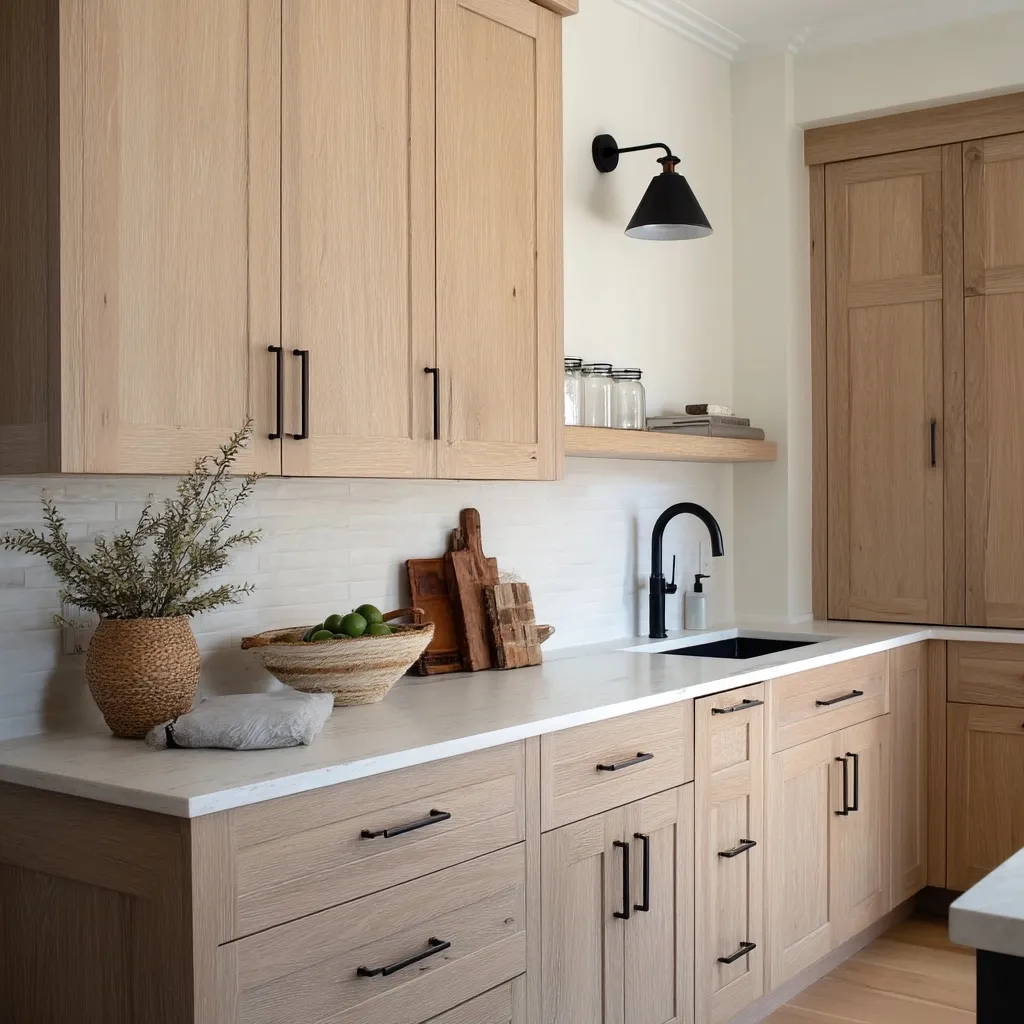Modern organic kitchen featuring white oak cabinets and matte black hardware in a bright, minimalist home interior.