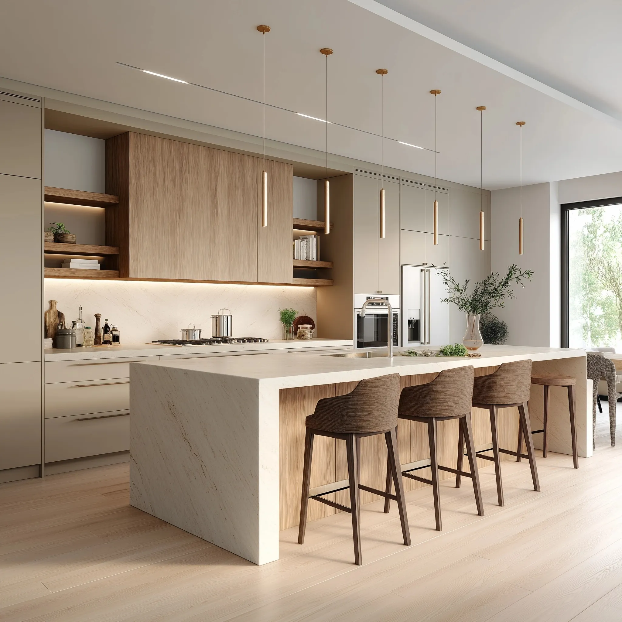 Modern minimalist kitchen interior featuring organic oak wood cabinetry, a central island, and warm beige tones.