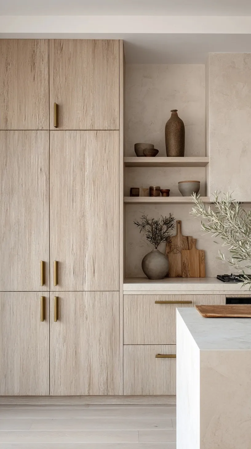 Minimalistic kitchen interior with raw natural oak wood cabinets and elegant brass hardware in a neutral beige palette.