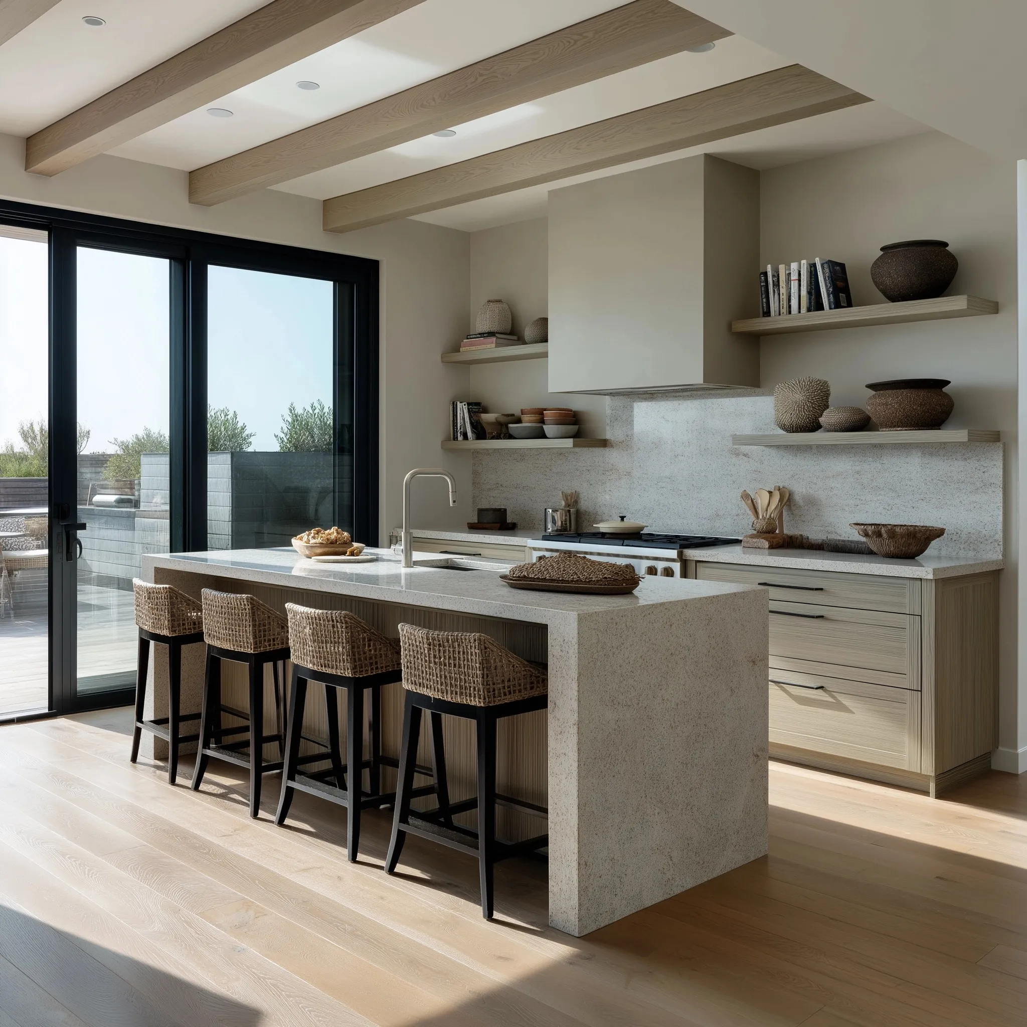 Modern organic kitchen with white oak cabinets, quartzite countertops, and indoor-outdoor sliding glass doors.