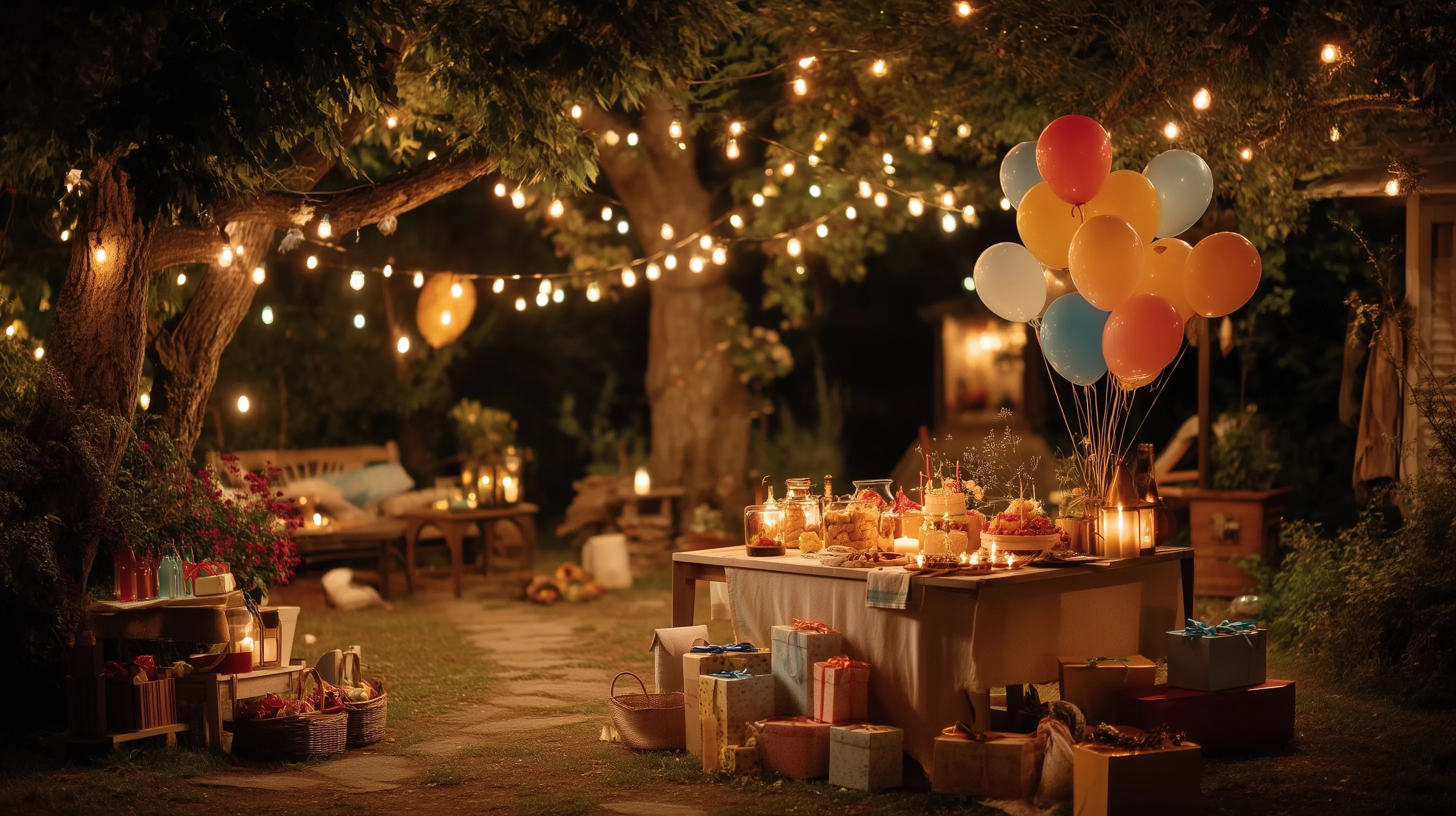 Cozy outdoor birthday party setup at night with glowing fairy lights, colorful balloons, and a decorated cake table.