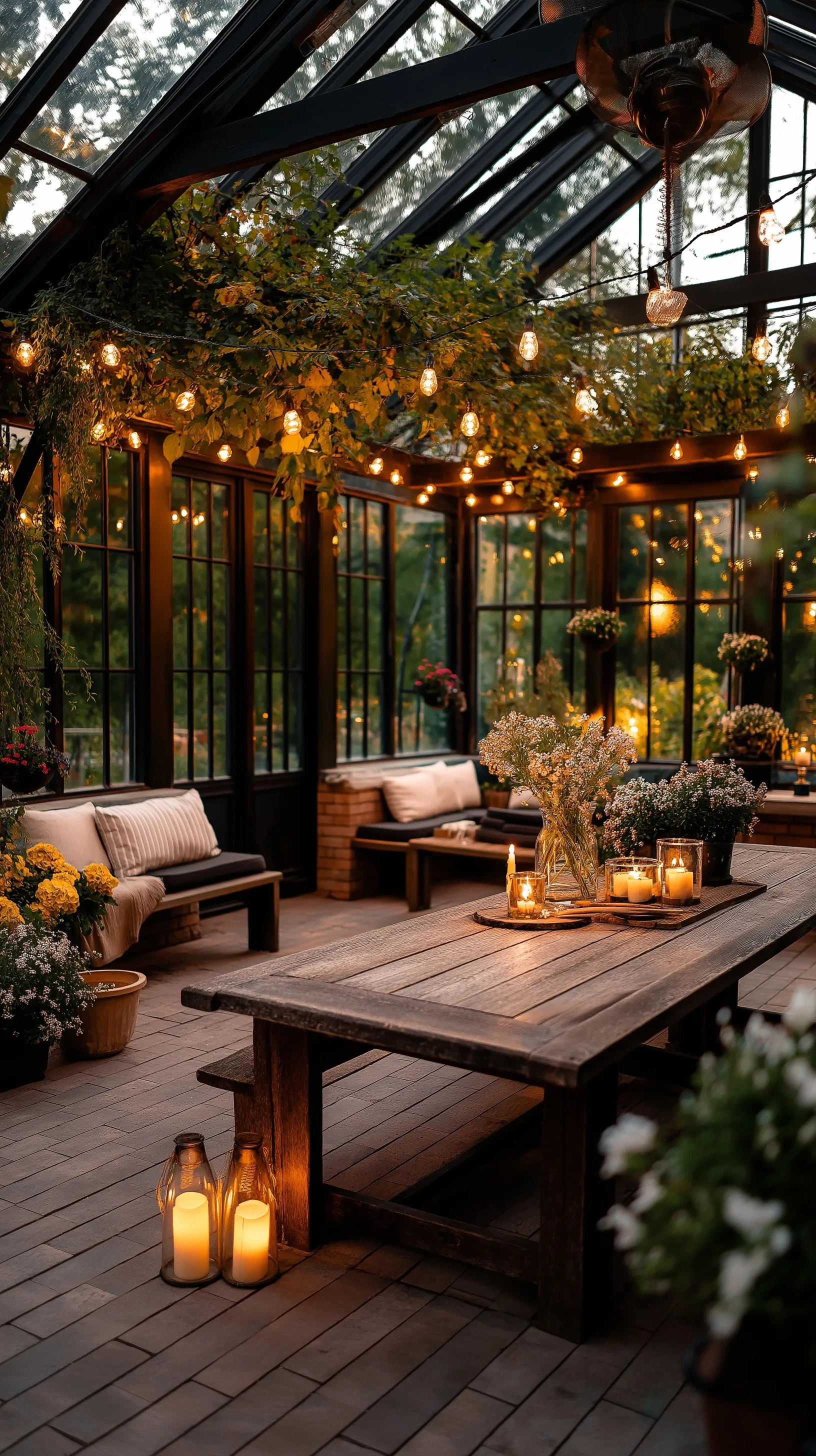 String lights and candles on a rustic wooden table inside a blooming, plant-covered greenhouse at dusk.