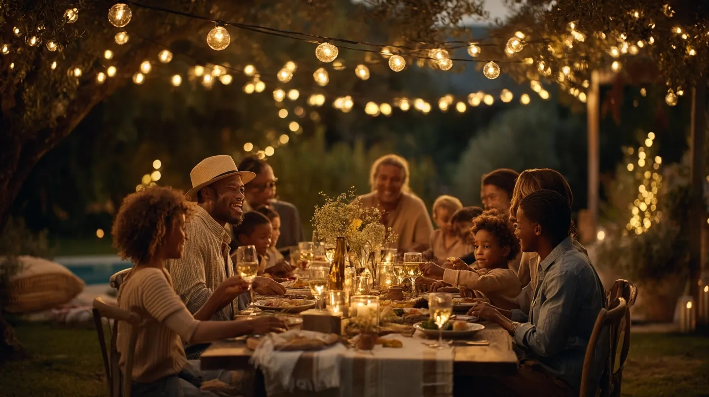 A happy family enjoying an outdoor dinner under warm string lights, symbolizing enduring love and togetherness.
