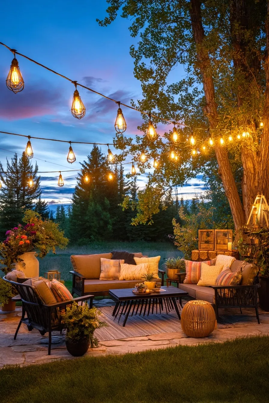 Cozy outdoor dining area with warm string lights, comfortable seating, and lush garden greenery at night.