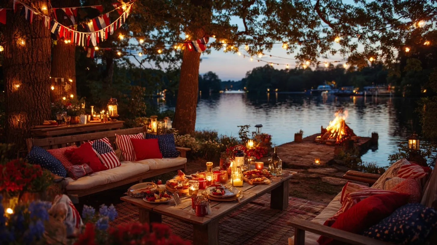 A 4th of July lakeside dinner party at dusk with festive bunting, fairy lights, campfire, and American decor.