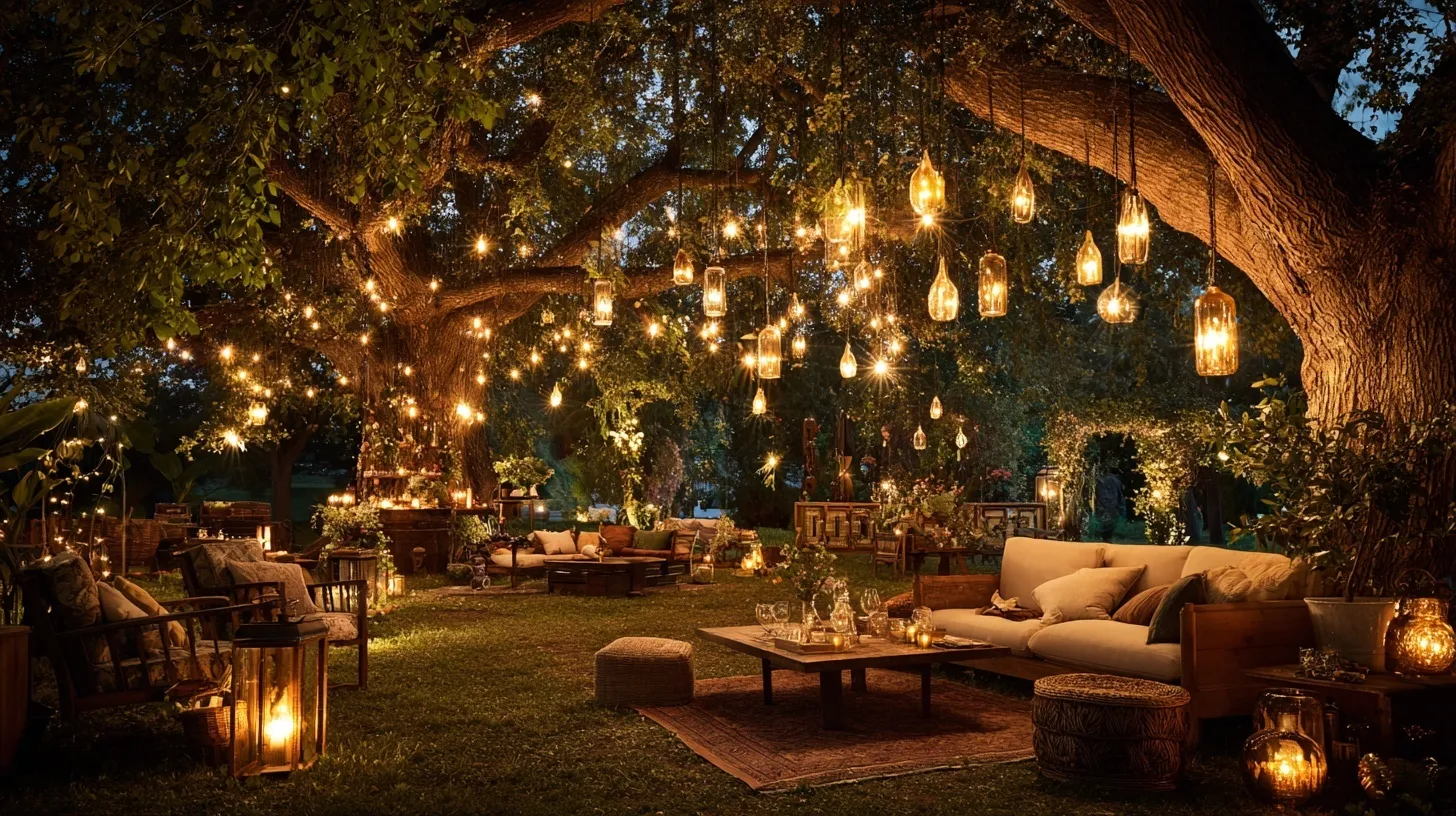 Cozy outdoor dinner party under hanging string lights and vintage lanterns in a lush garden lounge.
