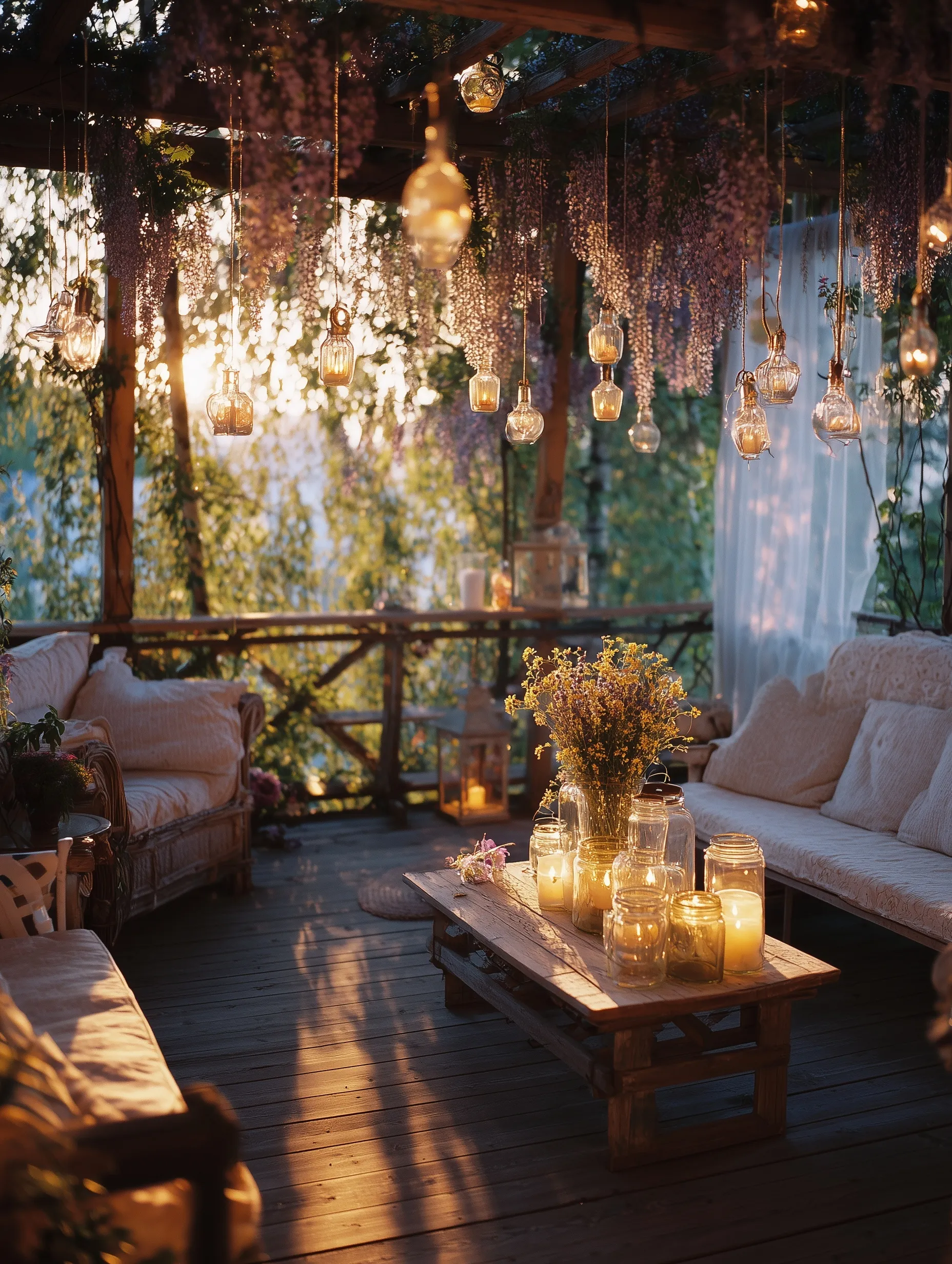 Cozy golden hour outdoor dinner setup on a rustic dacha veranda with string lights, wildflowers, and glowing candles.