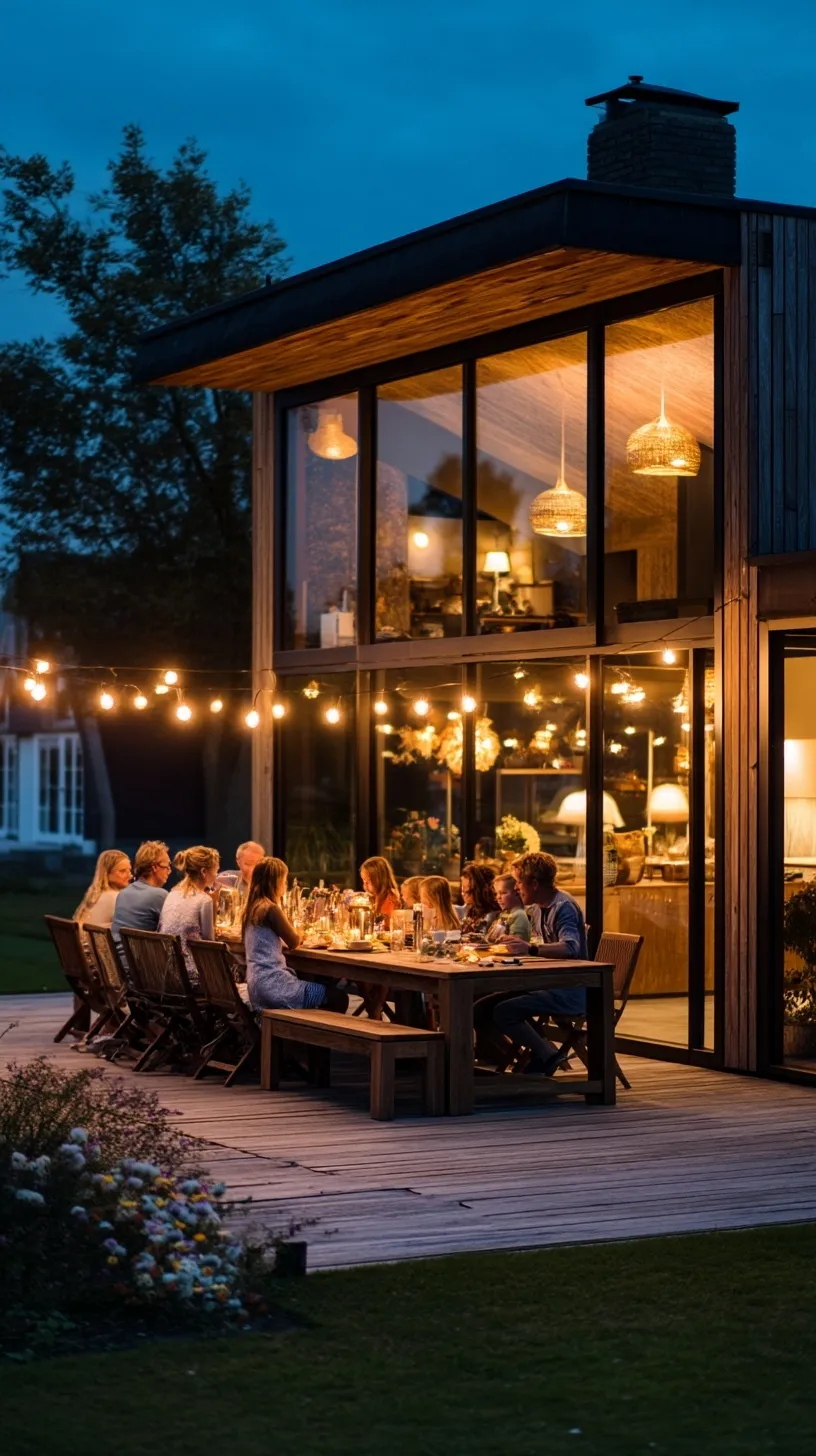 A smiling family enjoying a warm outdoor dinner on a garden patio under glowing fairy lights at dusk.