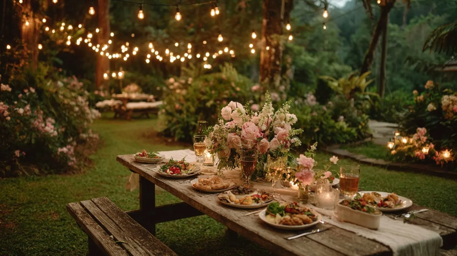 Romantic outdoor picnic table with gourmet plant-based dishes, fresh flowers, and warm string lights in a garden.