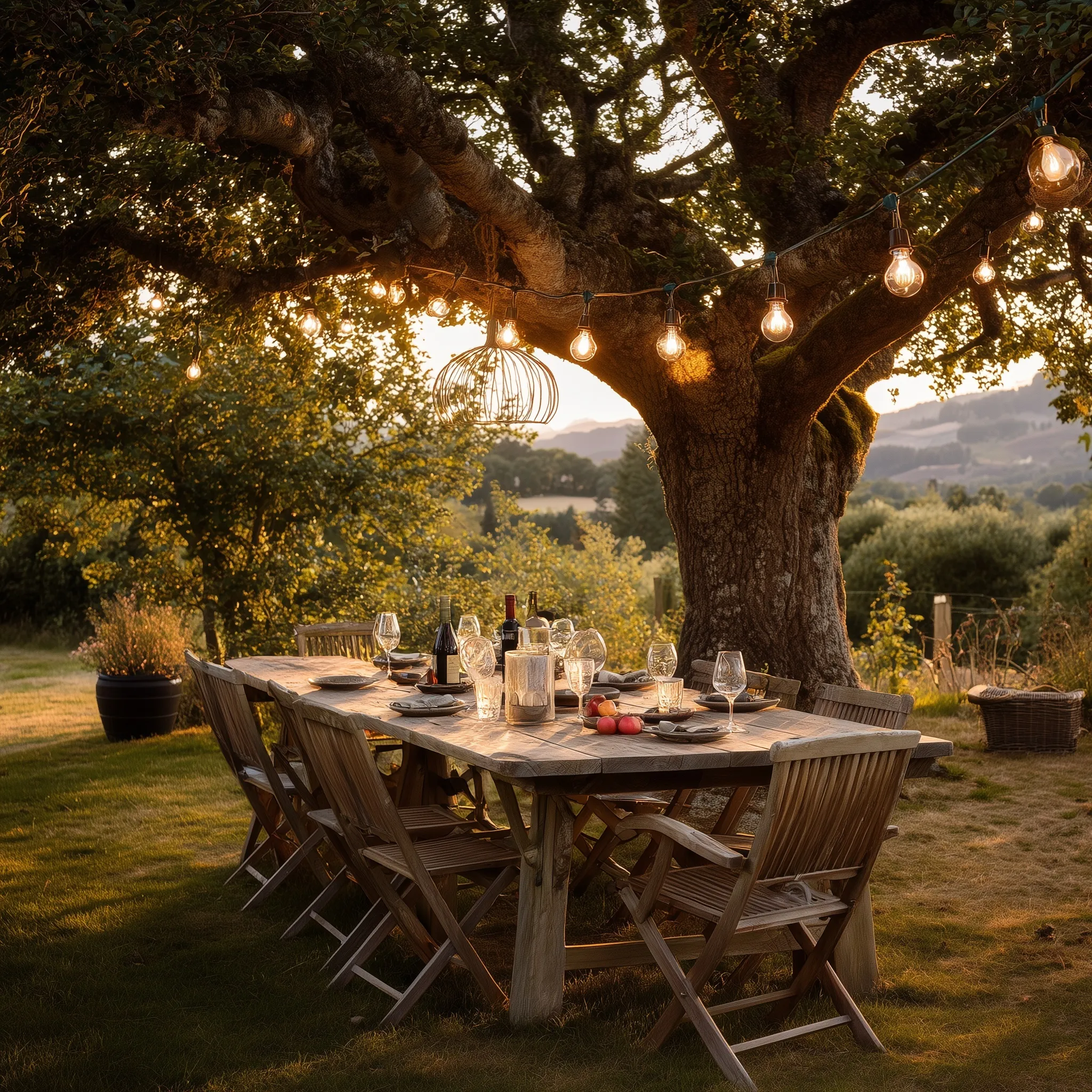 Family outdoor dinner under an apple tree with glowing string lights and wine at sunset in the countryside.