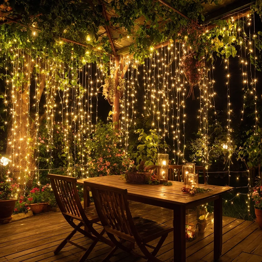 LED outdoor string lights illuminating a garden wall for wedding decoration and evening patio ambiance.