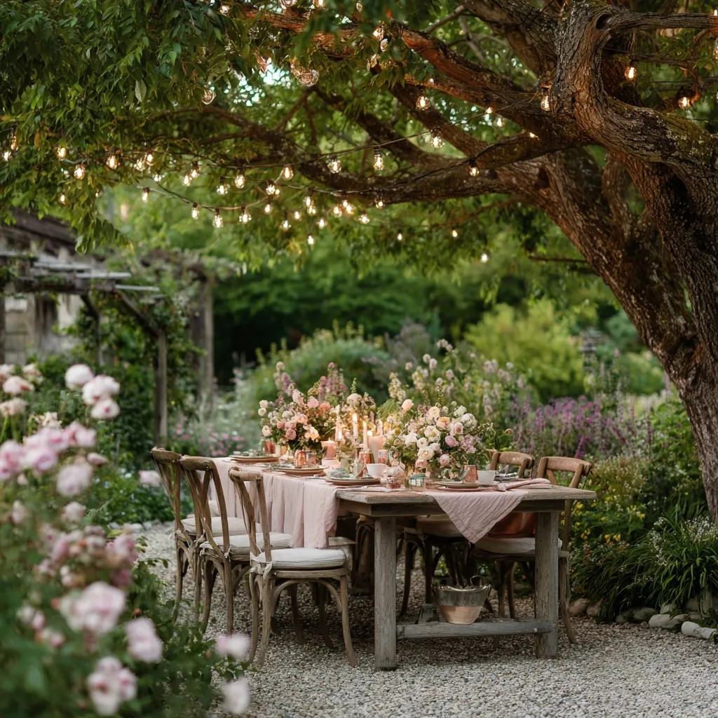 Outdoor garden dinner party with farmhouse table, vintage china, and twinkling string lights under trees.