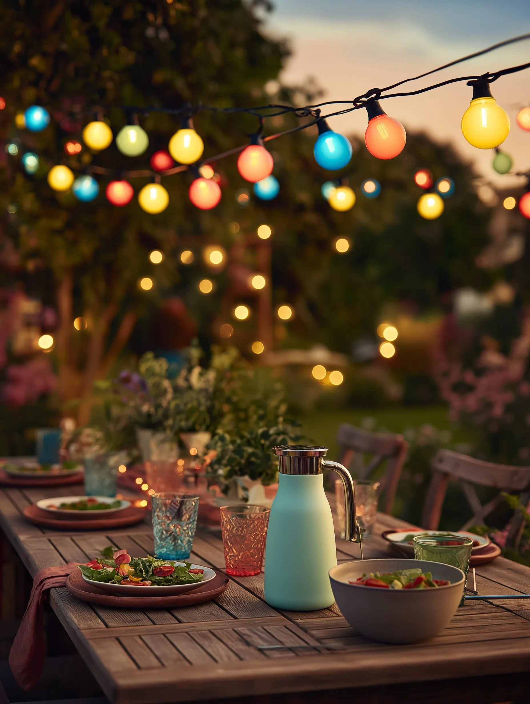 Outdoor garden dinner party at sunset with a wooden table, colorful string lights, and stylish tableware.