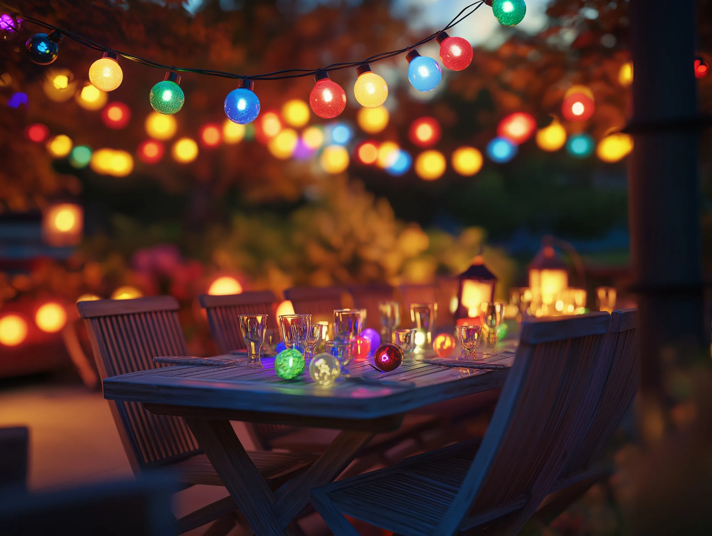 Festive outdoor garden dinner party at sunset with glowing multicolored string lights above a wooden dining table.