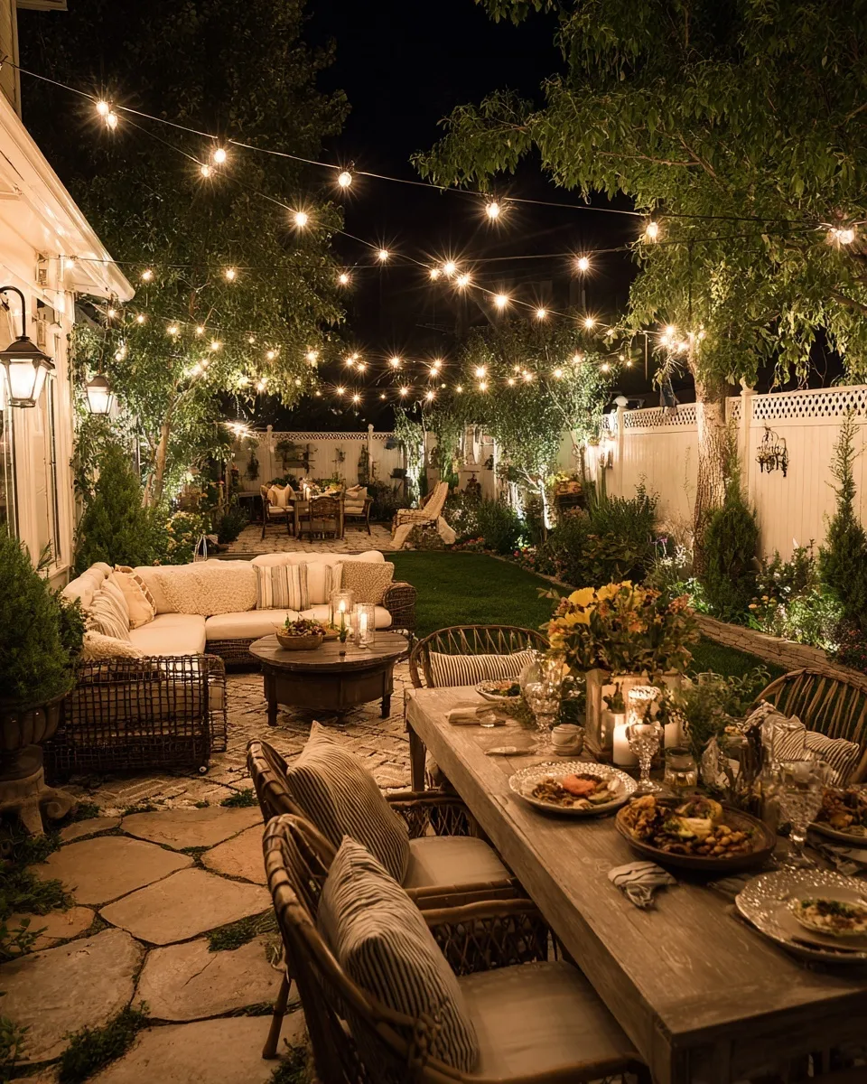 Cozy outdoor dining setup in a backyard at night with warm string lights, comfortable seating, and a dinner table.