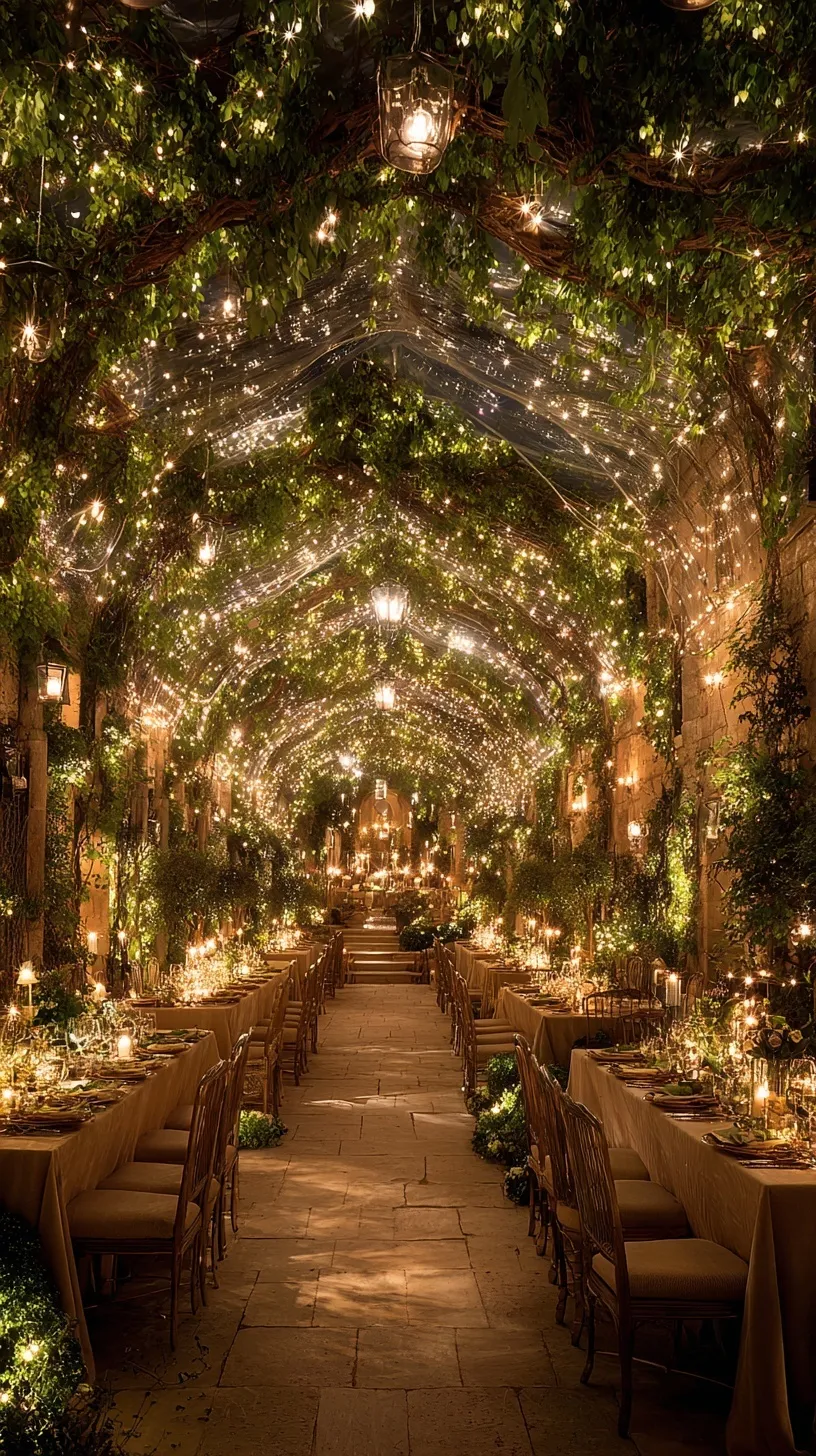 String lights glowing over a backyard wedding dinner table set for an outdoor reception.