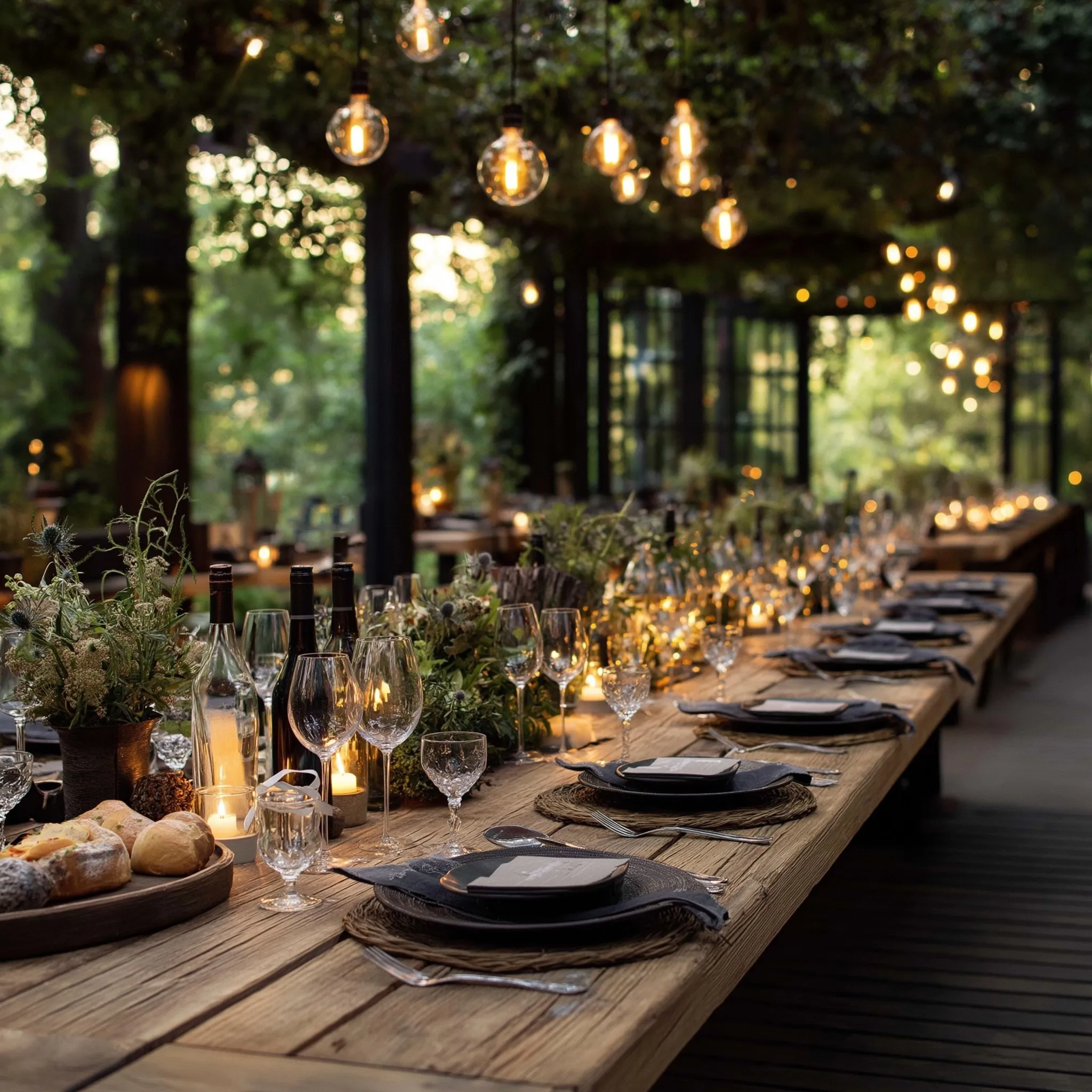 Modern outdoor dining table set with elegant decor and warm lighting for an upscale culinary experience.