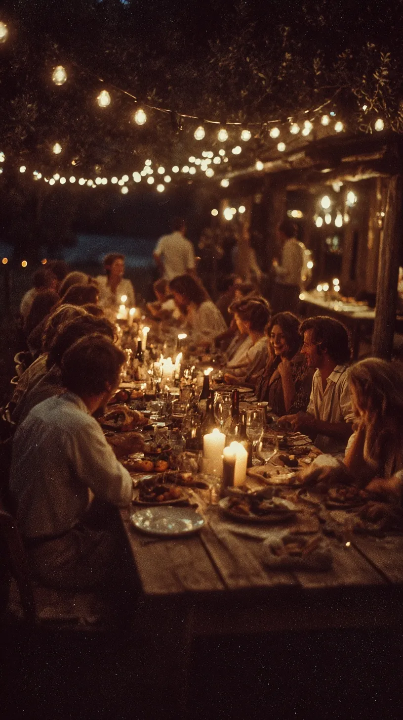 Vintage 1980s outdoor dinner party in Corsica with rustic wooden table, flickering candles, and string lights.