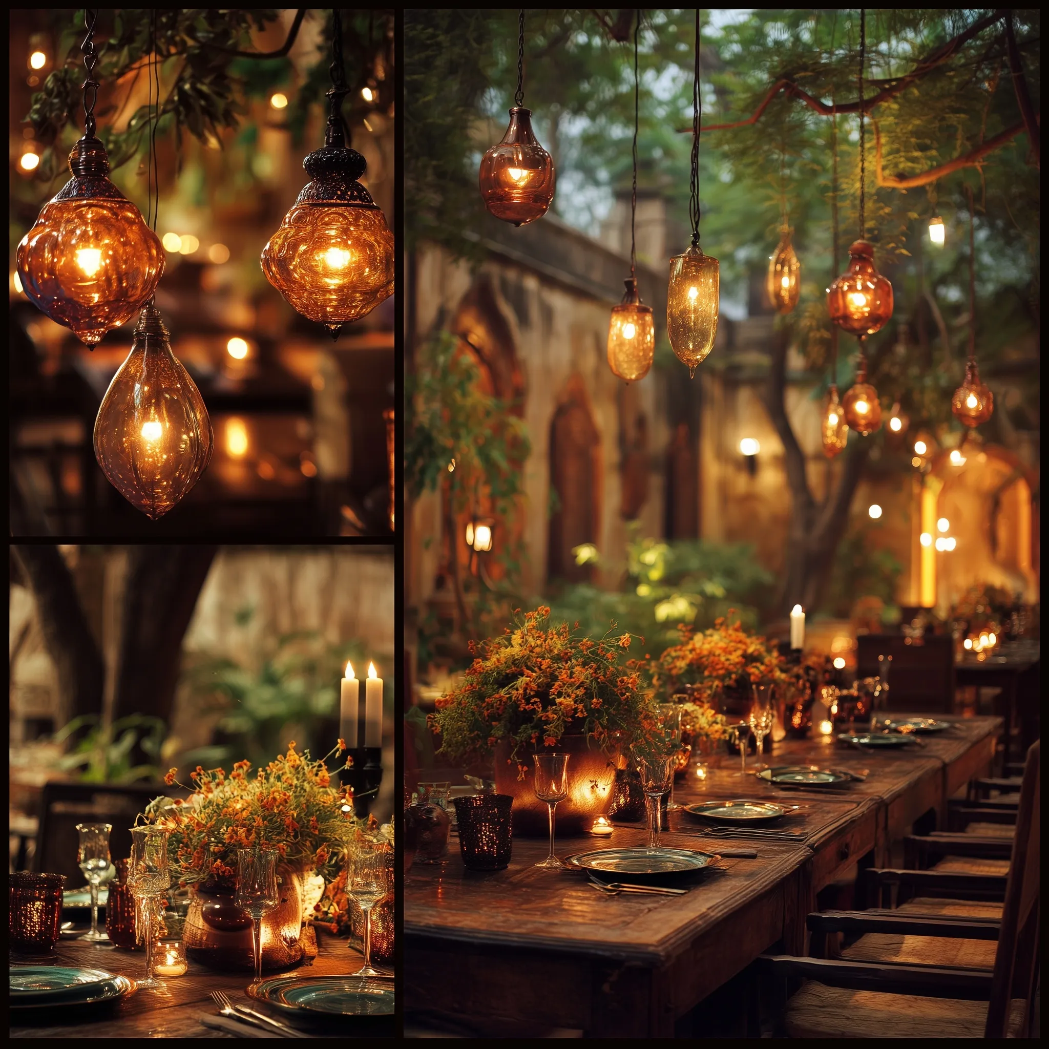 Elegant hanging lanterns and string lights illuminating an outdoor Indian Diwali dinner celebration.
