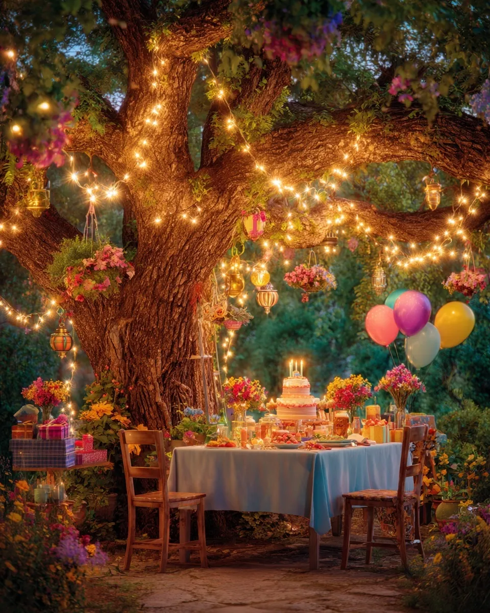 A festive birthday table set under an old tree with fairy lights, colorful decorations, cake, and floral arrangements.