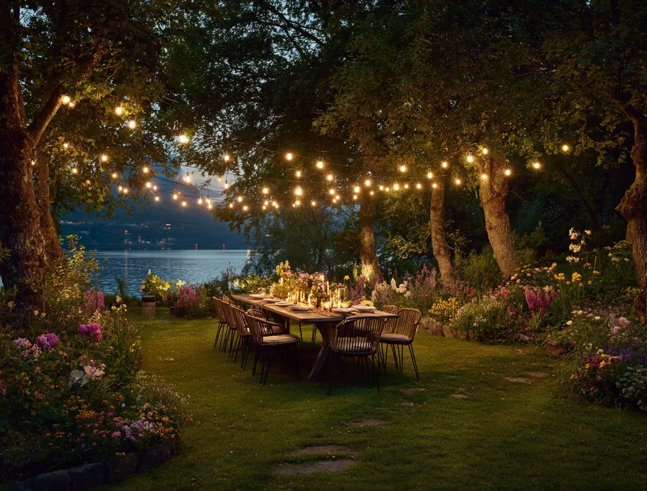Outdoor dinner party set up on a lawn at night with hanging string lights, trees, and a lake view.