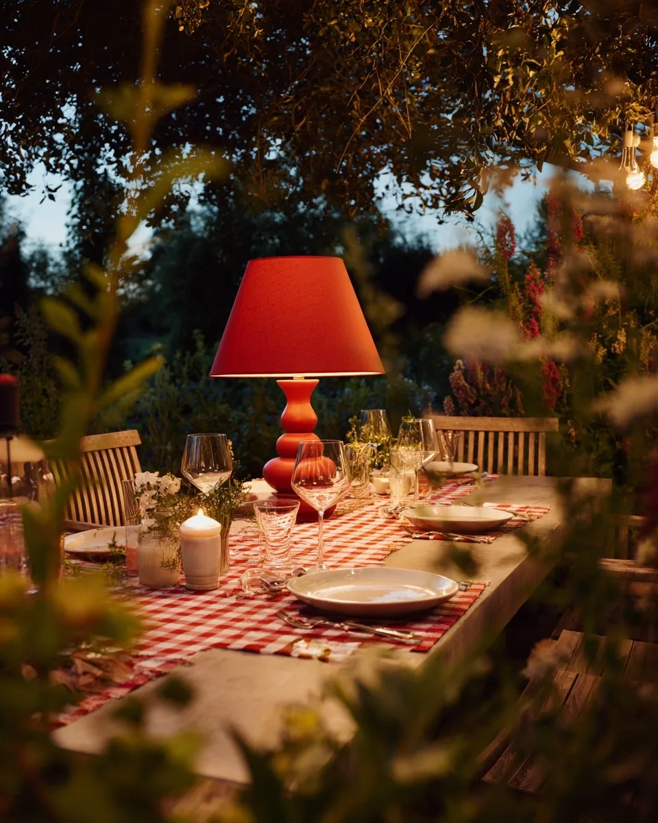 Outdoor garden dining table with red lamp, wine glasses, and gingham napkins in an English country setting at night.