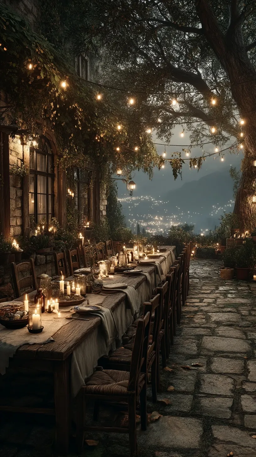 Outdoor dining table with string lights, linen tablecloth, and candles at night with a blurred garden background.