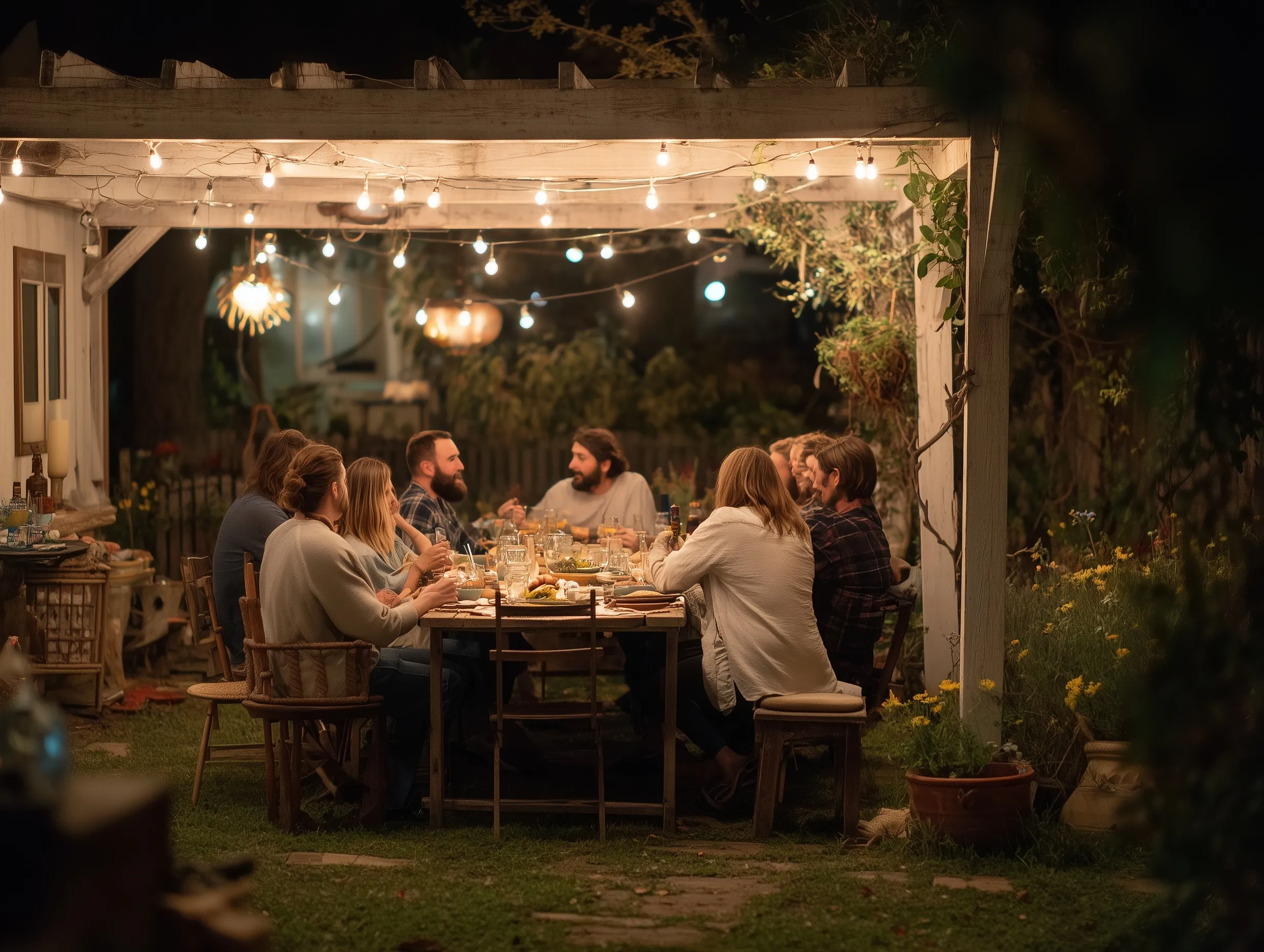 Friends and family dining under pergola string lights in a cozy backyard setting with space for copy.