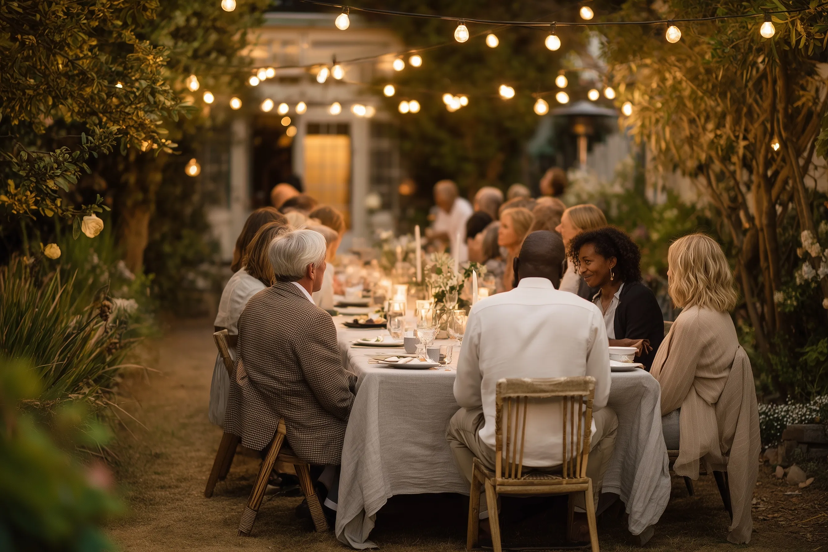 Diverse group of friends in their 50s and 60s enjoying an intimate outdoor dinner party under hanging string lights.